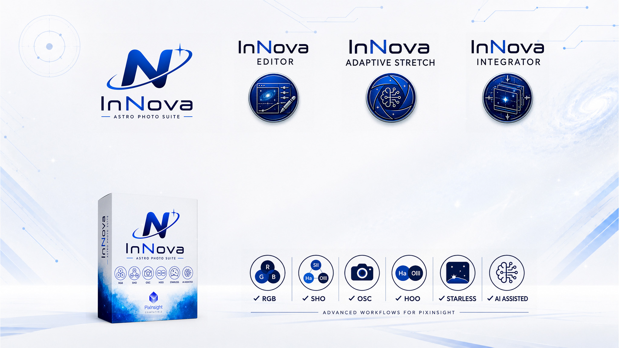 InNova Astro Photo Suite: Editor, Adaptive Stretch and Integrator, with RGB, SHO, OSC, HOO, starless and AI-assisted workflows.